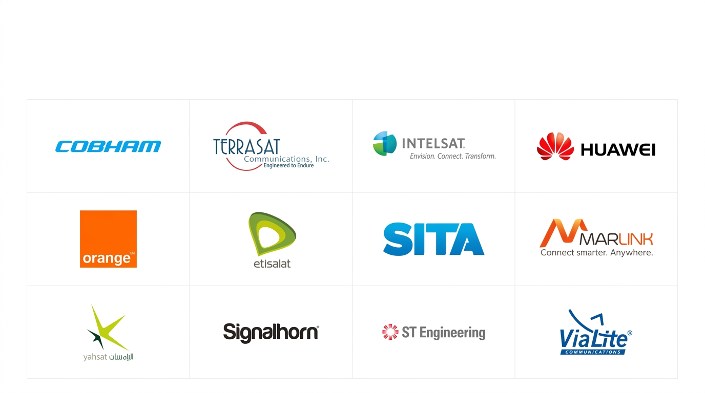 QSAT partner logos including Cobham, Terrasat, Intelsat, Huawei, Orange, Etisalat, SITA, Marlink, Yahsat, Signalhorn, ST Engineering and ViaLite