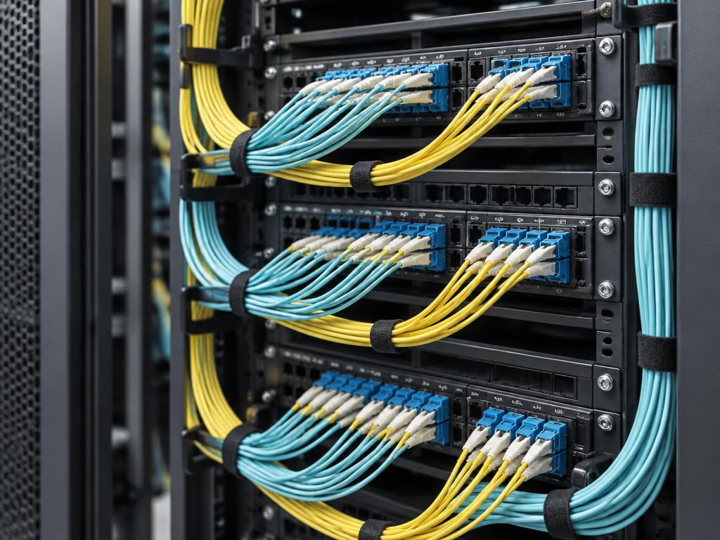 Aqua and yellow optical patch cables terminated in fiber distribution panels