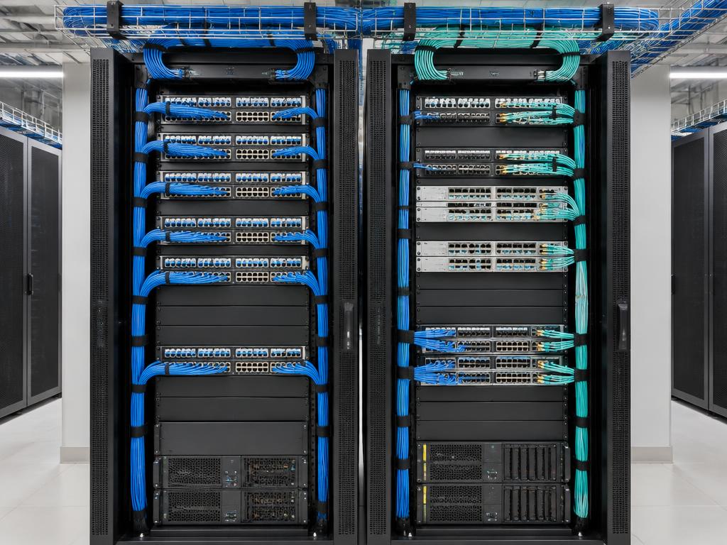 Two organized enterprise racks with network switches, patch panels, overhead trays and vertical cable management