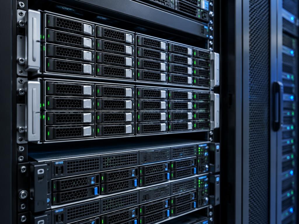 Rack-mounted enterprise storage arrays with modular drive bays and adjacent compute servers
