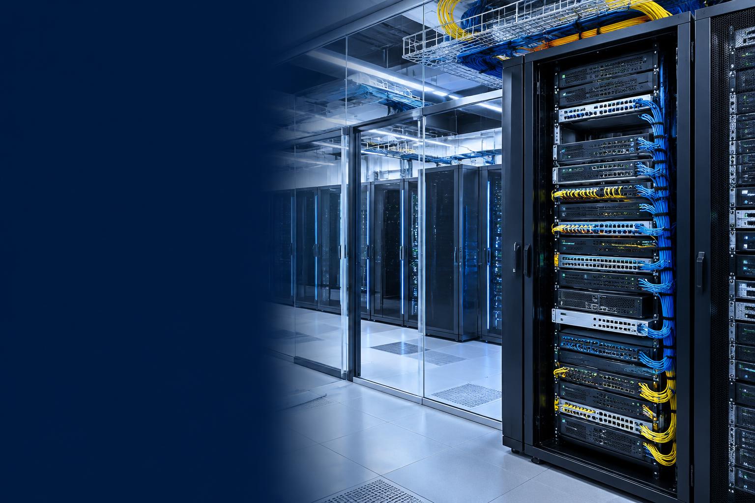 Conceptual enterprise network rack infrastructure with organized connectivity paths, not a QSAT customer deployment