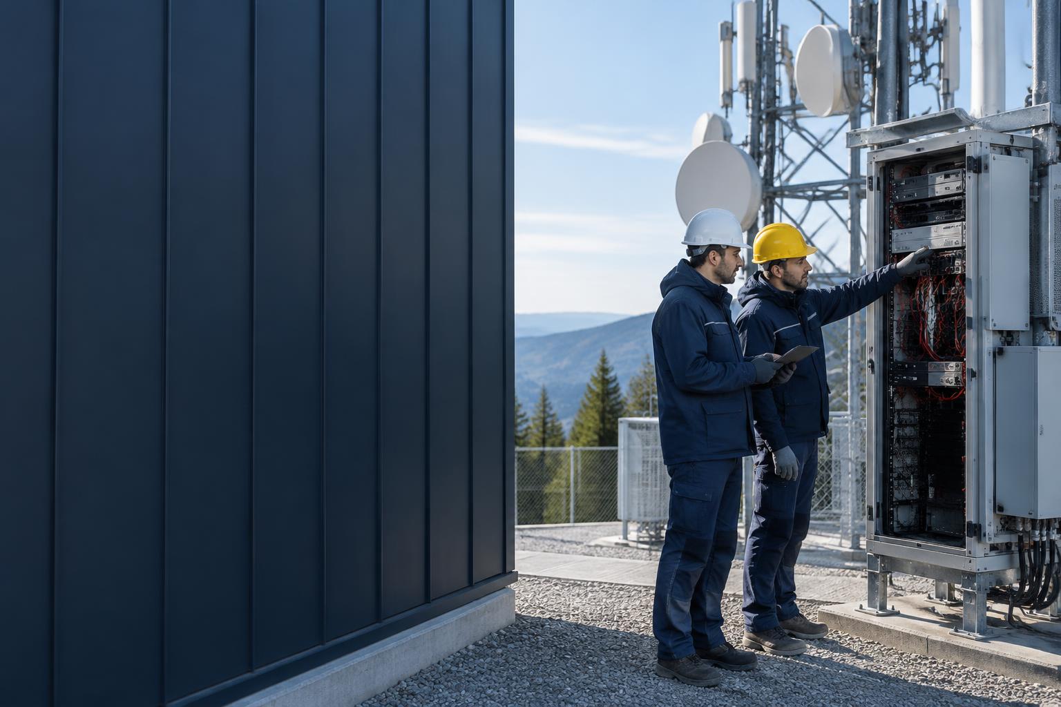 Field engineers reviewing network equipment at a remote telecommunications installation