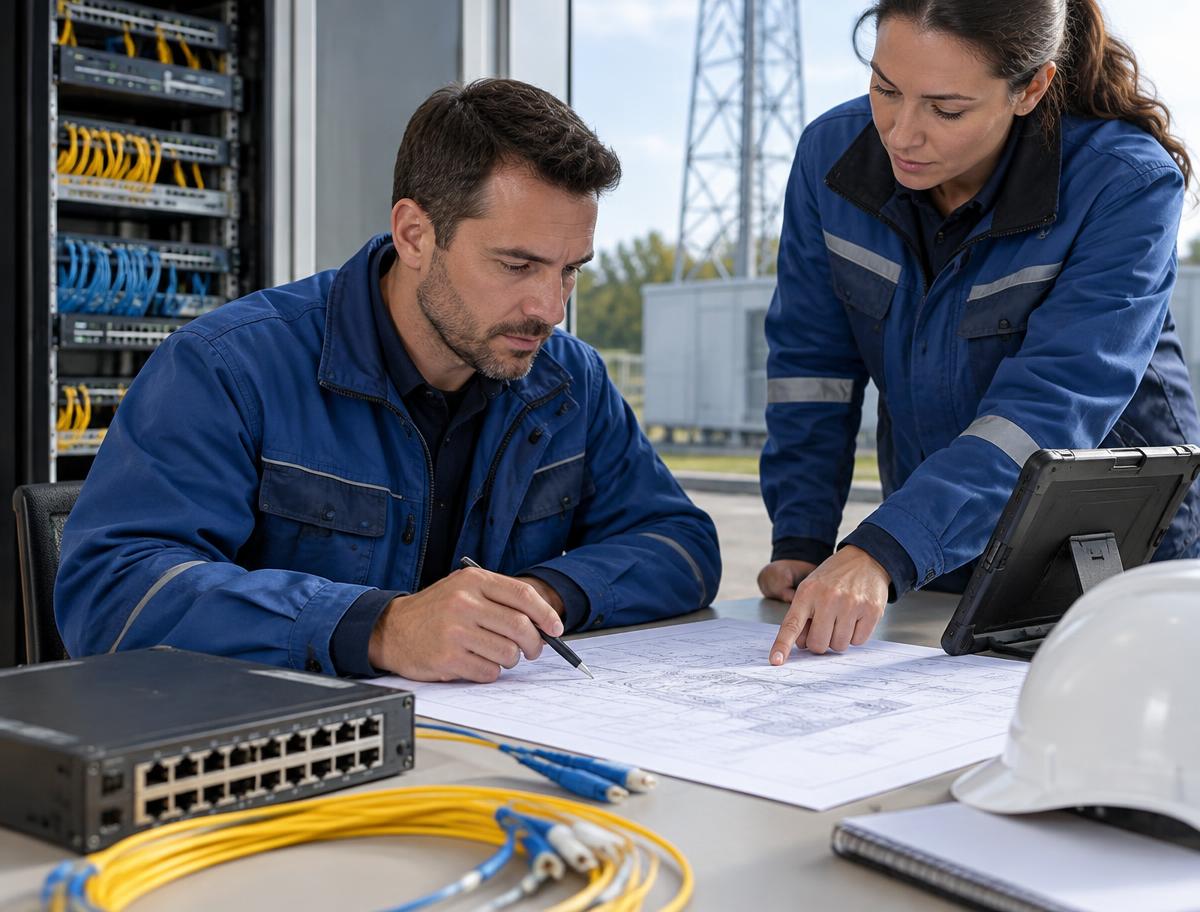 Engineers reviewing a deployment plan alongside network equipment and field tools