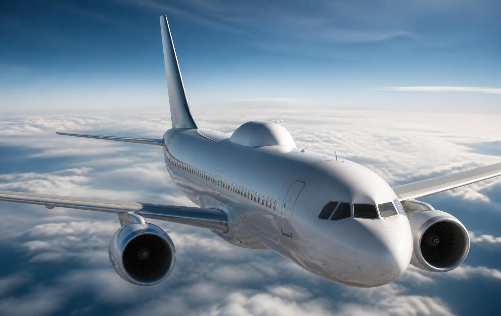 Commercial aircraft in flight above clouds with a satellite antenna fairing on the fuselage
