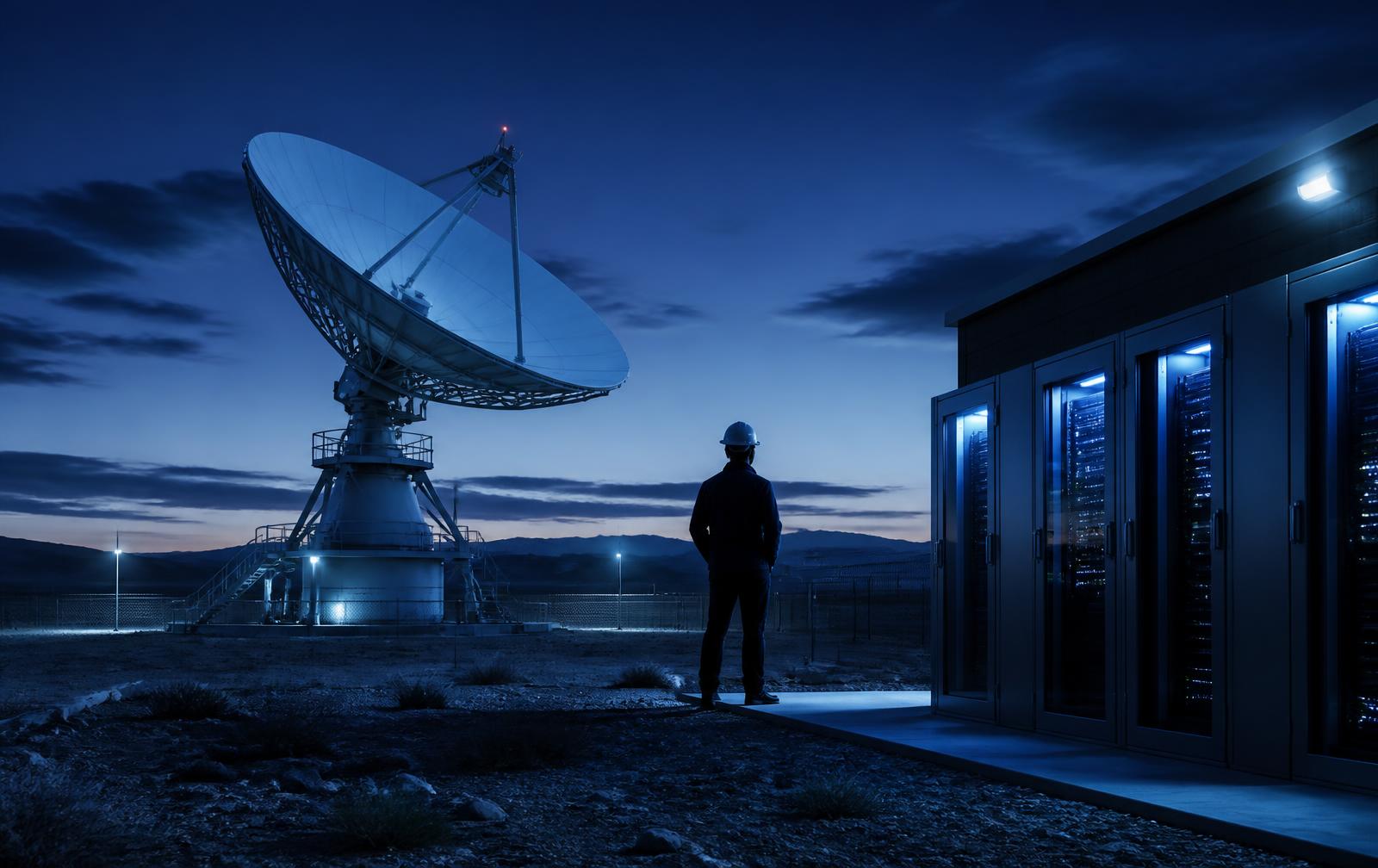 Remote industrial site with a satellite ground terminal beside network equipment cabinets at dusk