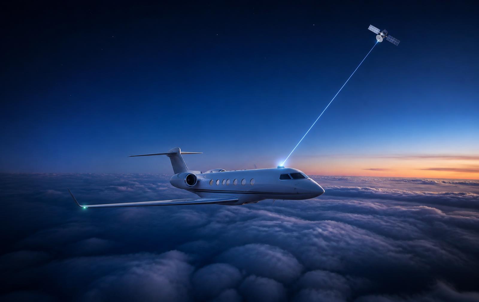 Aircraft in flight above the clouds connected to a satellite