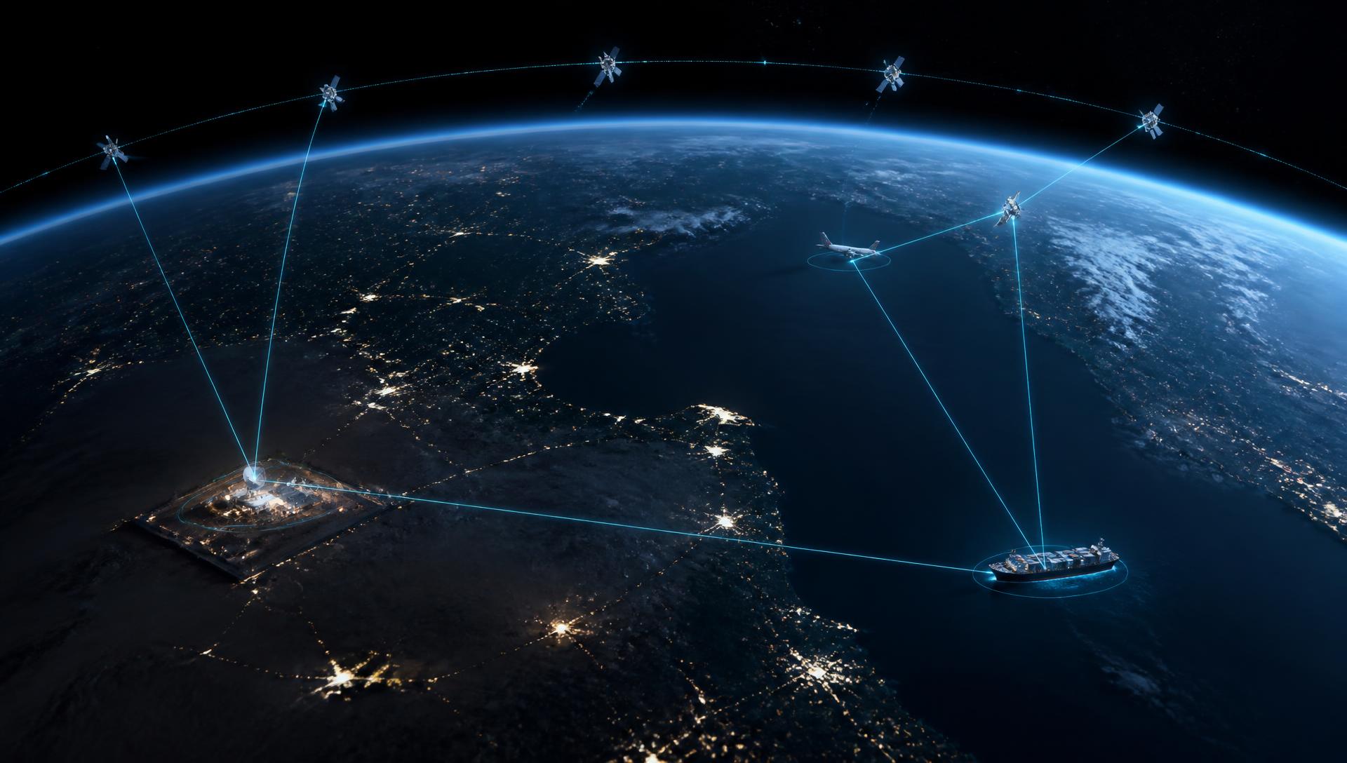 Earth from space with Iridium satellite connectivity beams linking remote land, maritime and aviation operations