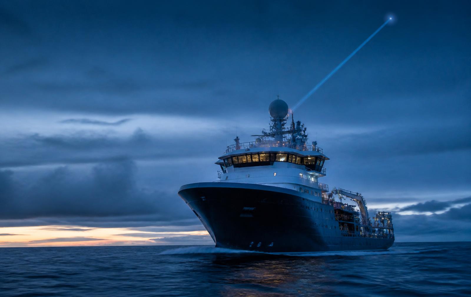 Offshore support vessel at sea with satellite antenna dome communicating via satellite