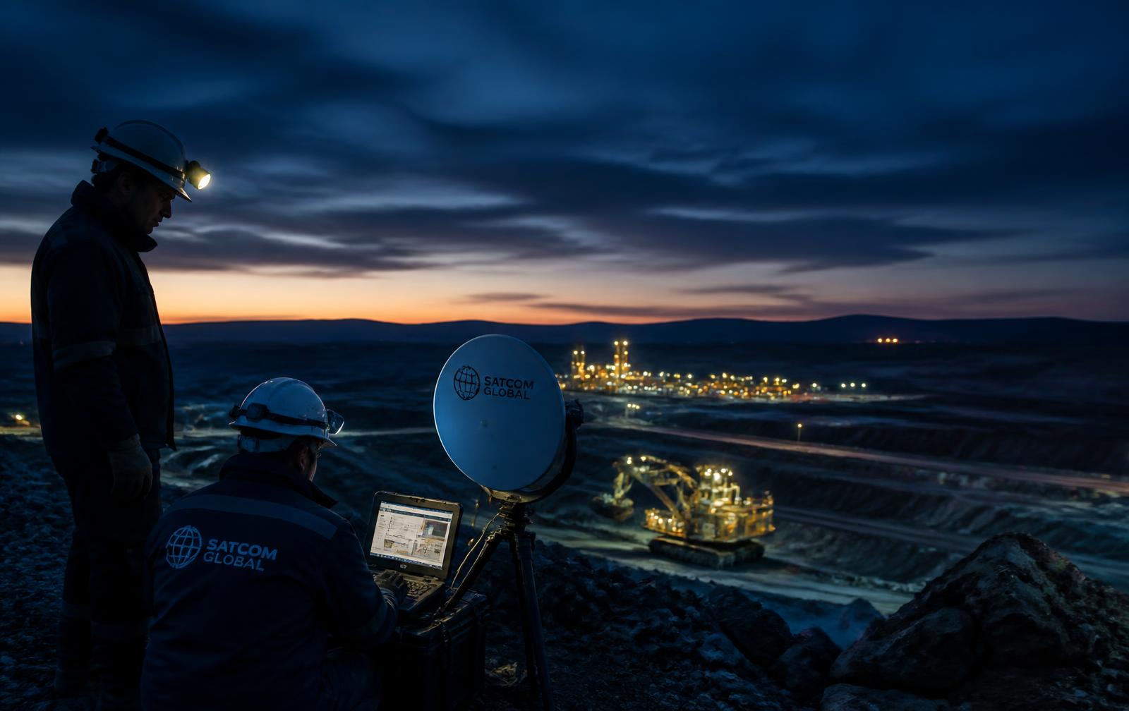 Field engineers operating a portable satellite terminal at a remote industrial site at dusk