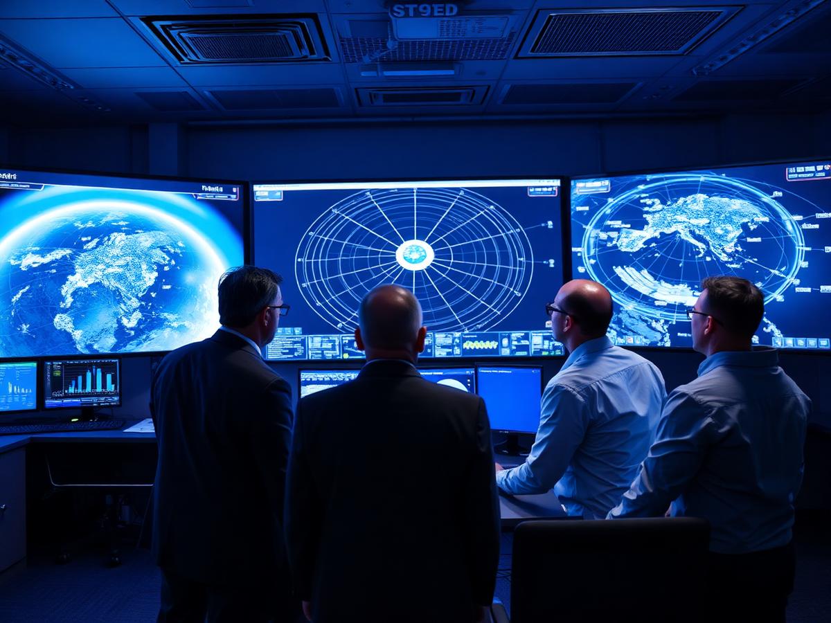Engineers reviewing a multi-orbit satellite connectivity architecture