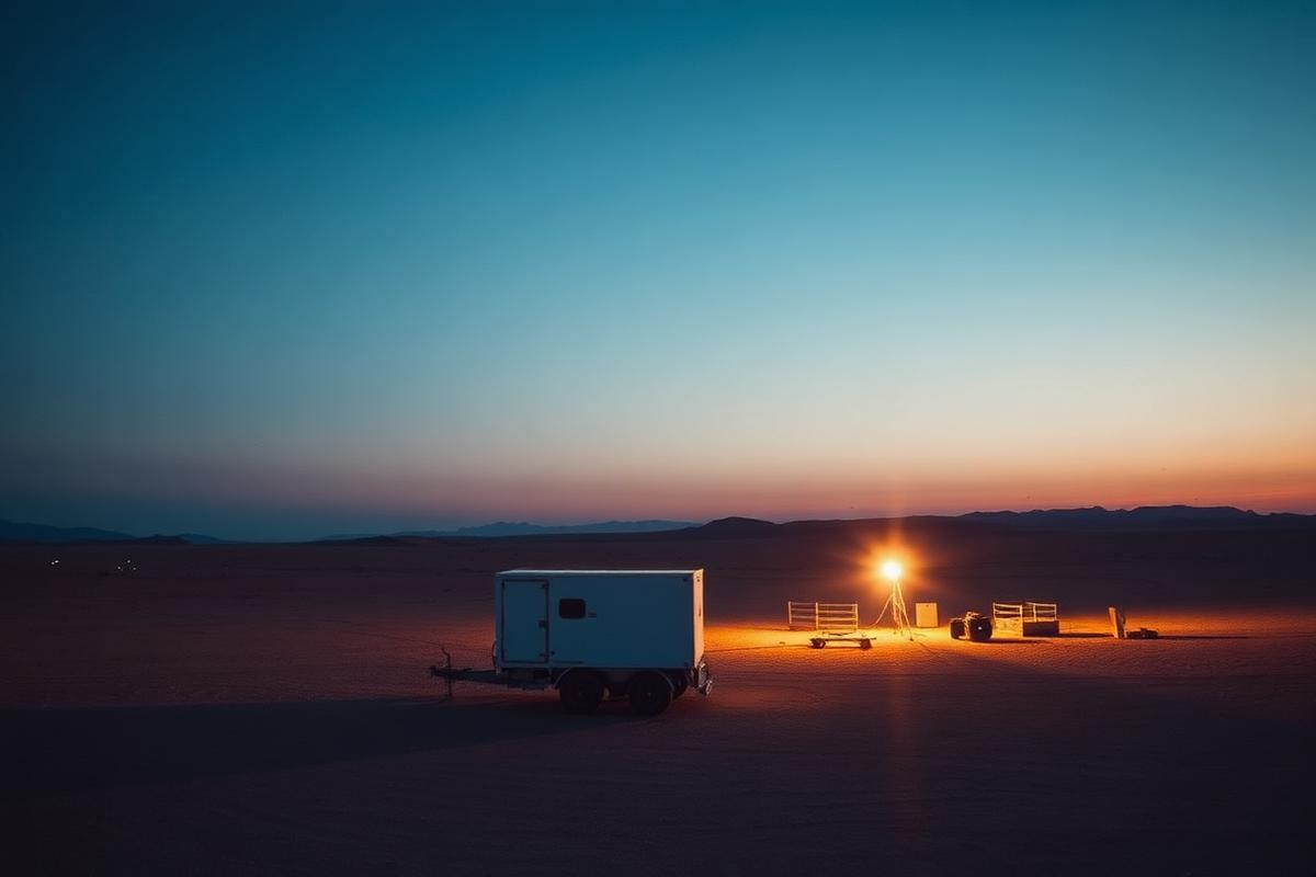 Portable satellite connectivity supporting a remote desert project site at dusk