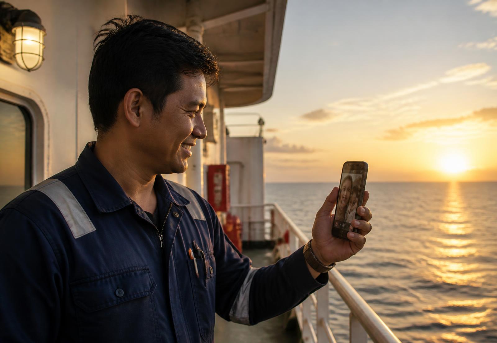 Crew member on a vessel deck making a video call at sunset over satellite connectivity