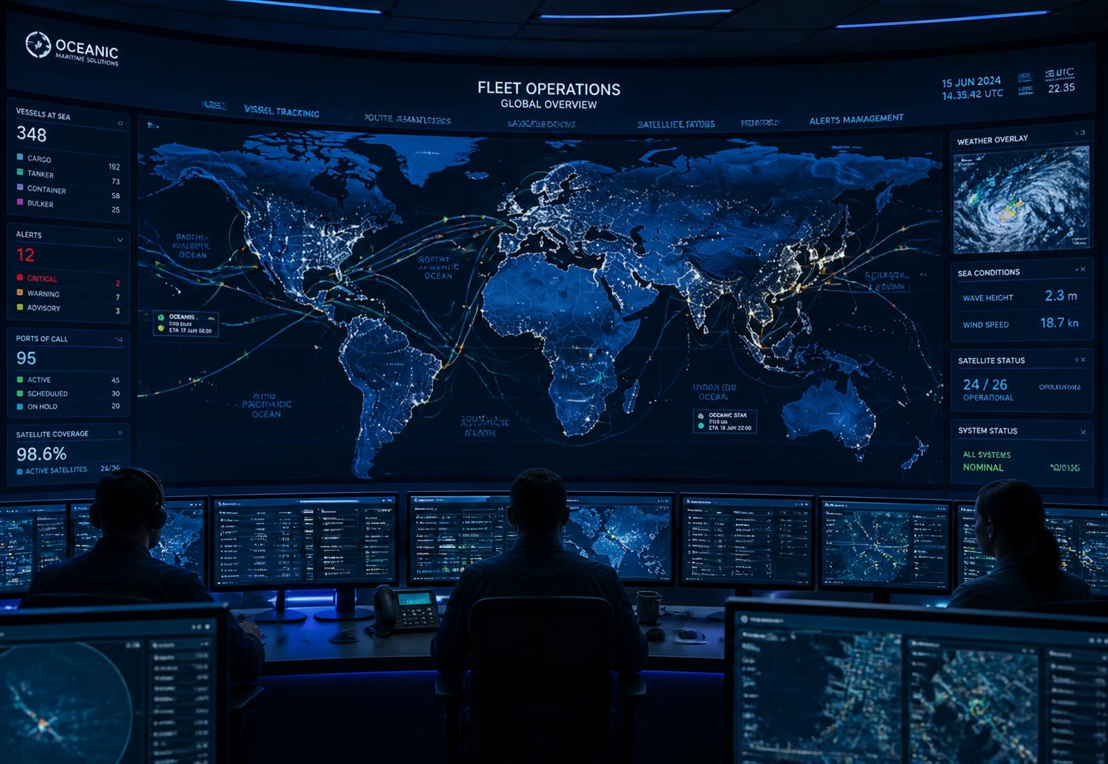 Fleet operations centre with global shipping routes and satellite coverage overlays
