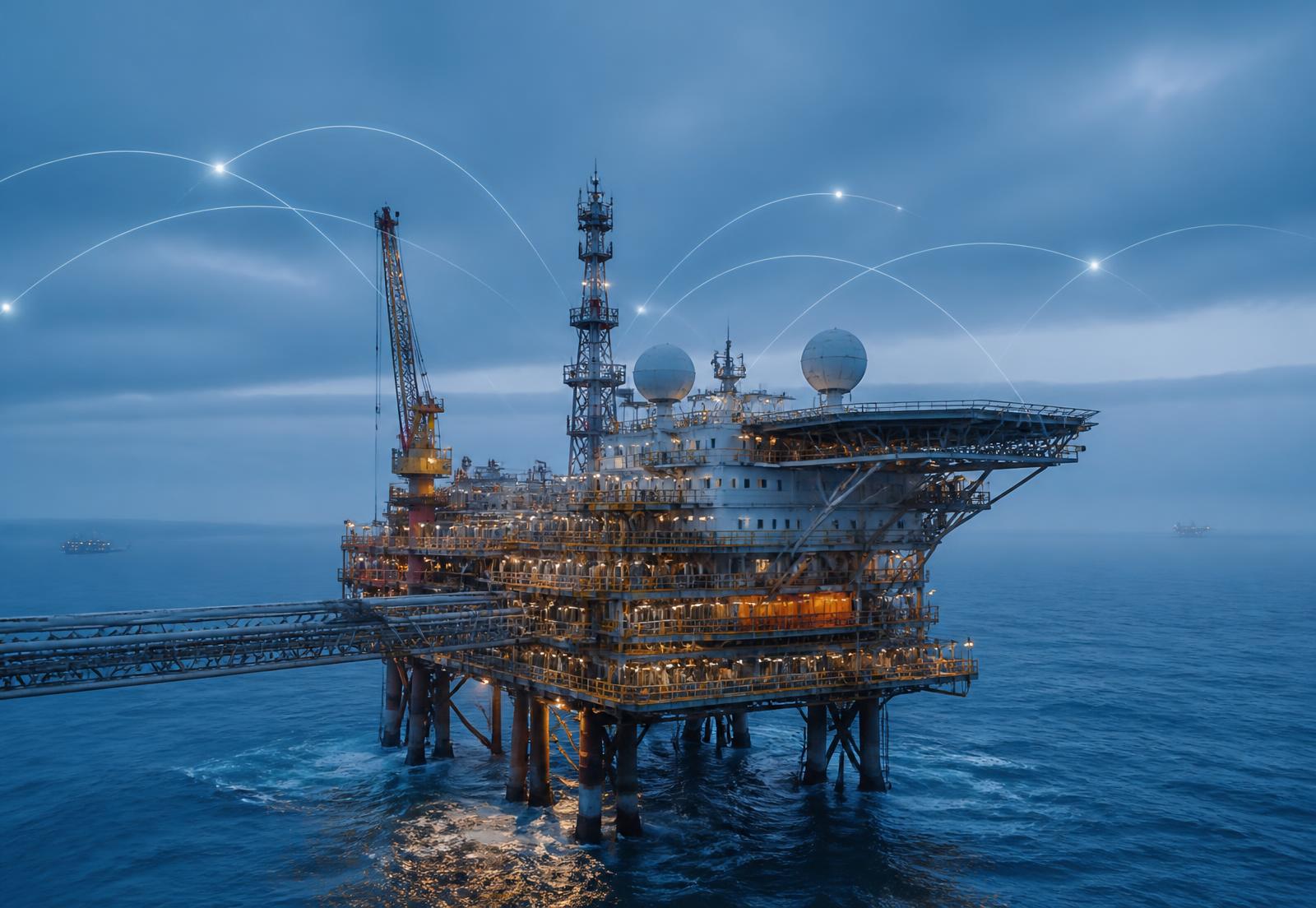 Offshore platform at sea with satellite communication domes connected to multiple networks