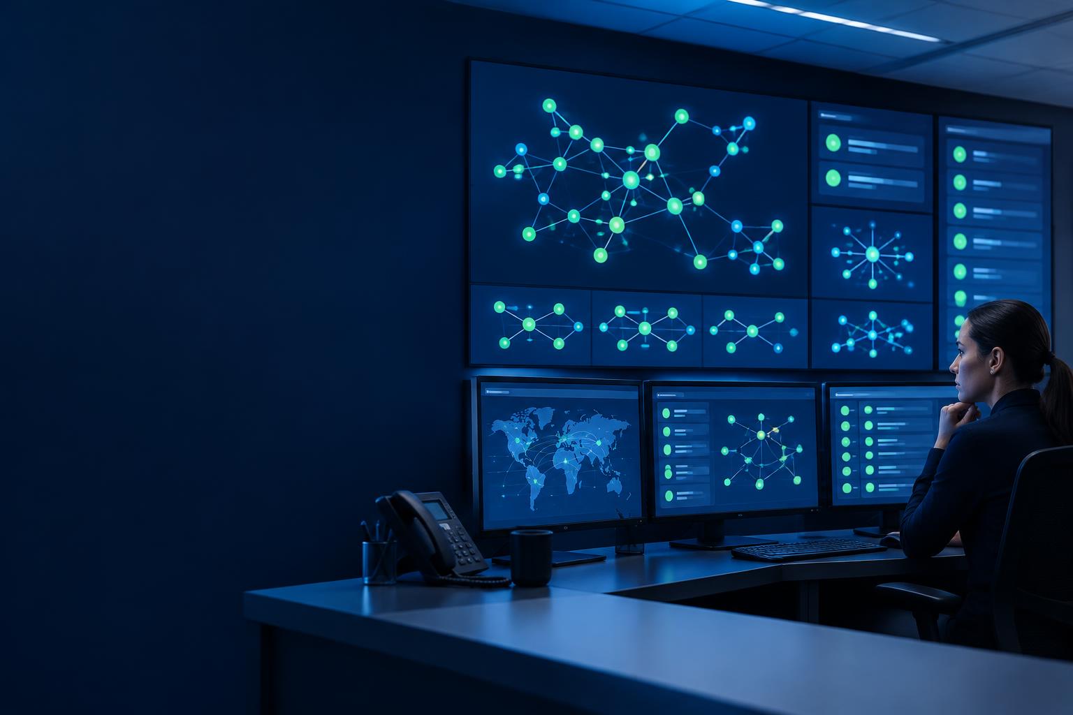 Conceptual network operations environment with connected topology displays, not a QSAT facility