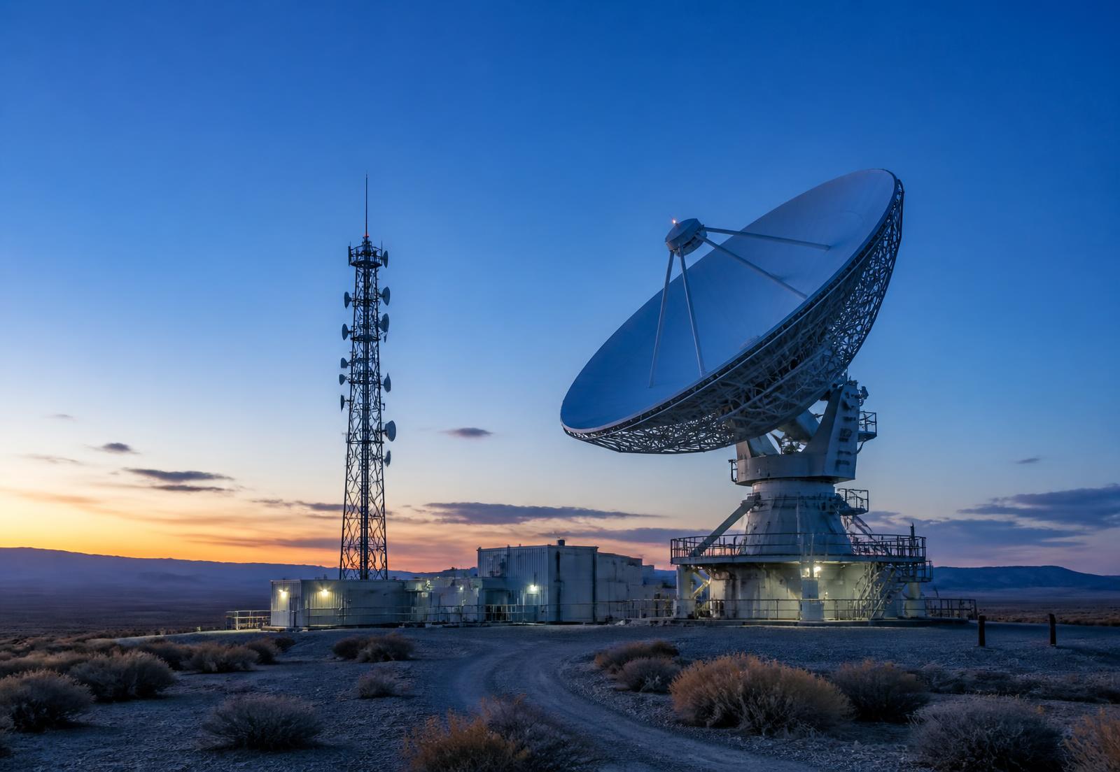 Remote satellite earth station and telecom tower at twilight