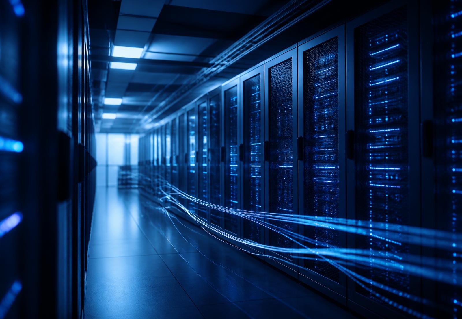 Enterprise data centre with illuminated server racks and fiber light trails