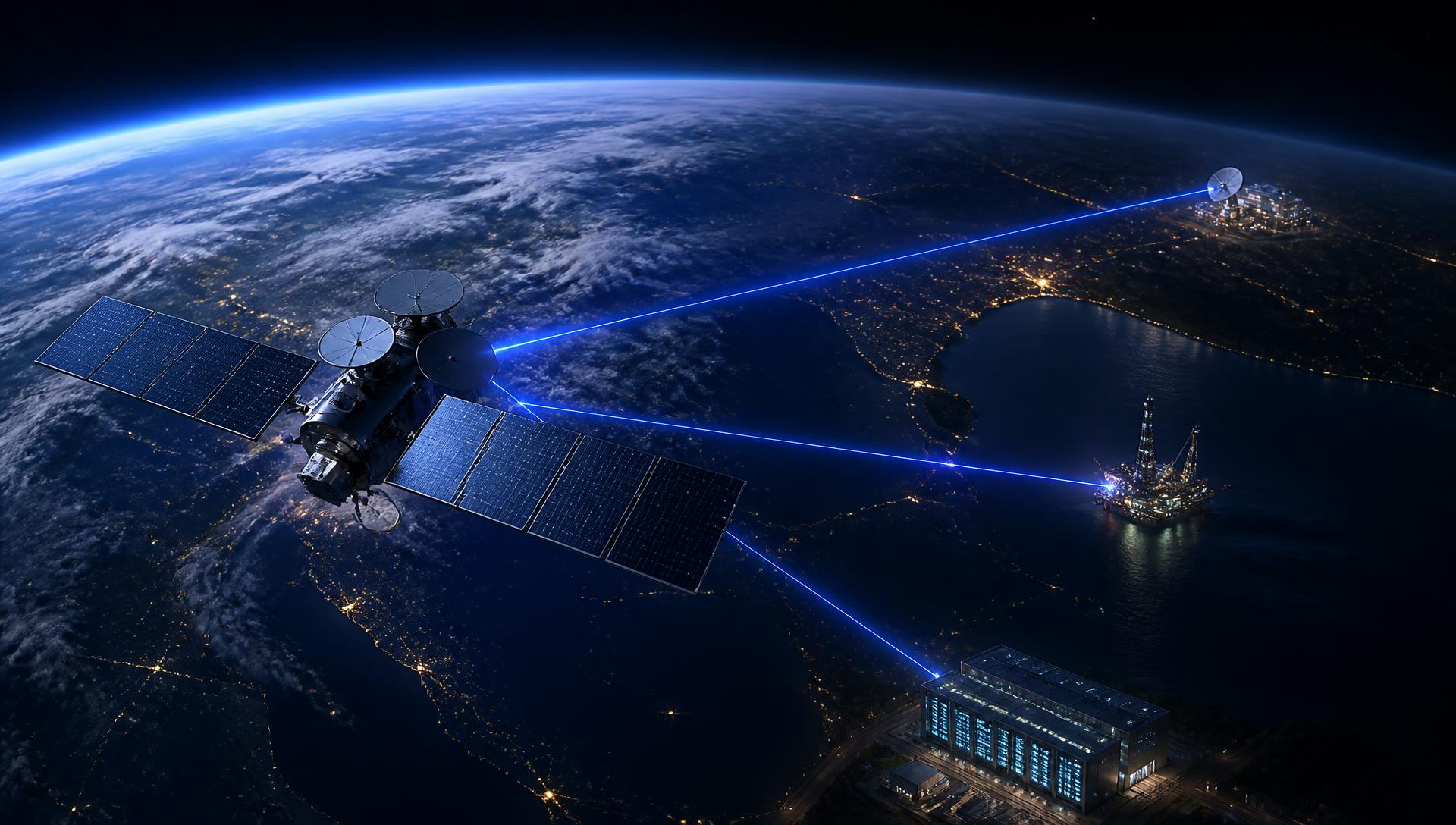 Earth viewed from medium earth orbit with a satellite linking a remote enterprise site, an offshore platform and a data centre
