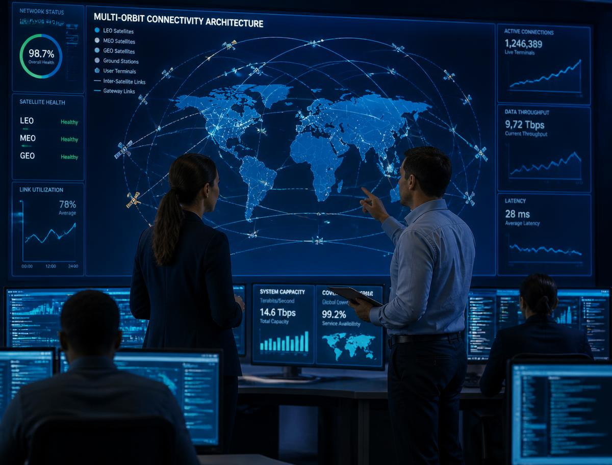 Engineers reviewing a multi-orbit satellite connectivity architecture in an operations centre