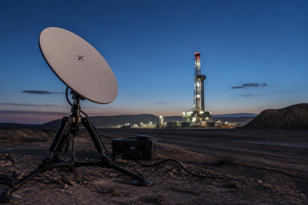Satellite terminal deployed at a remote desert energy site at dusk