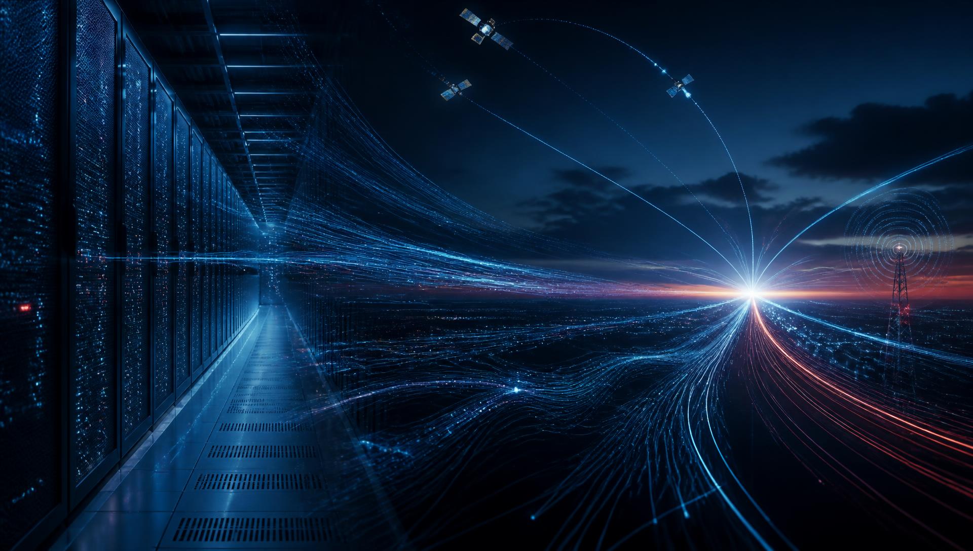 Enterprise network paths from fibre, cellular and satellite connectivity converging into a single intelligent Hybrid SD-WAN core