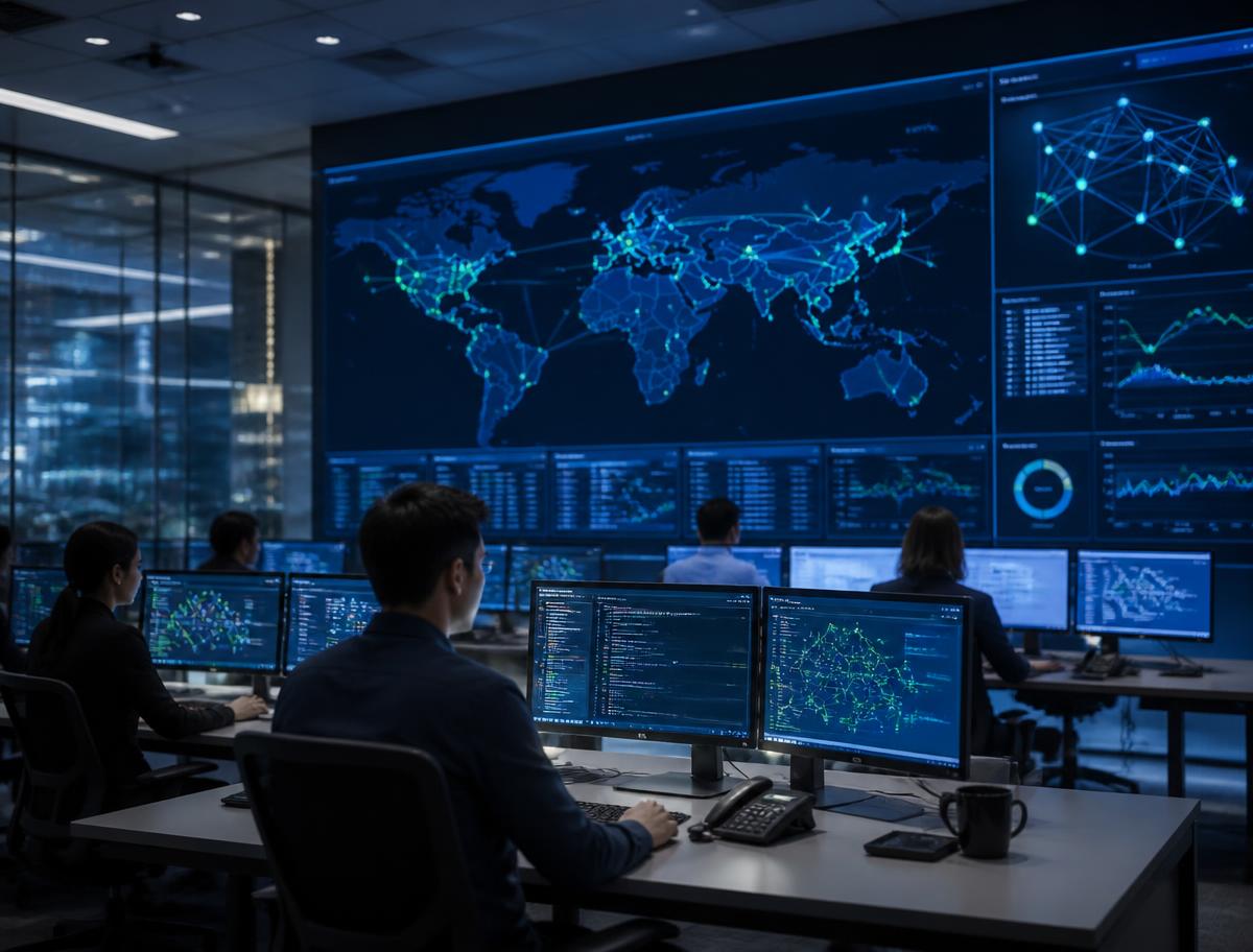 Network operations centre showing centralised Hybrid SD-WAN visibility across distributed sites and WAN link performance