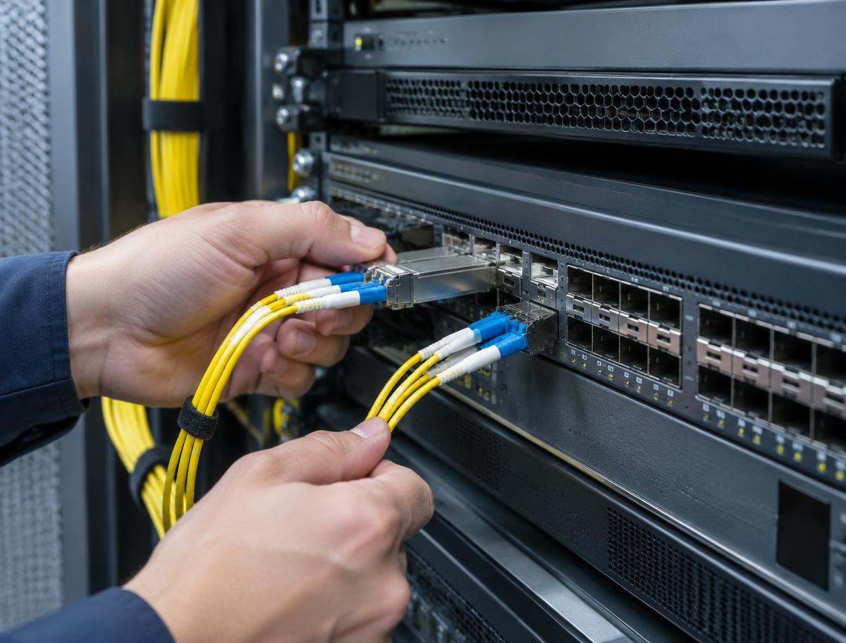 Technician fitting optical transceivers with fibre patch leads into a rack-mounted network switch