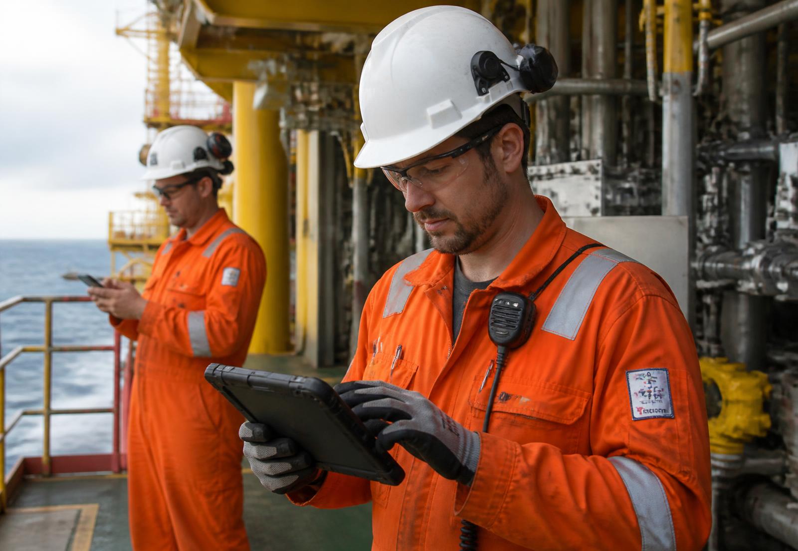 Offshore personnel using a rugged tablet and smartphone on a platform deck over 4G/5G connectivity
