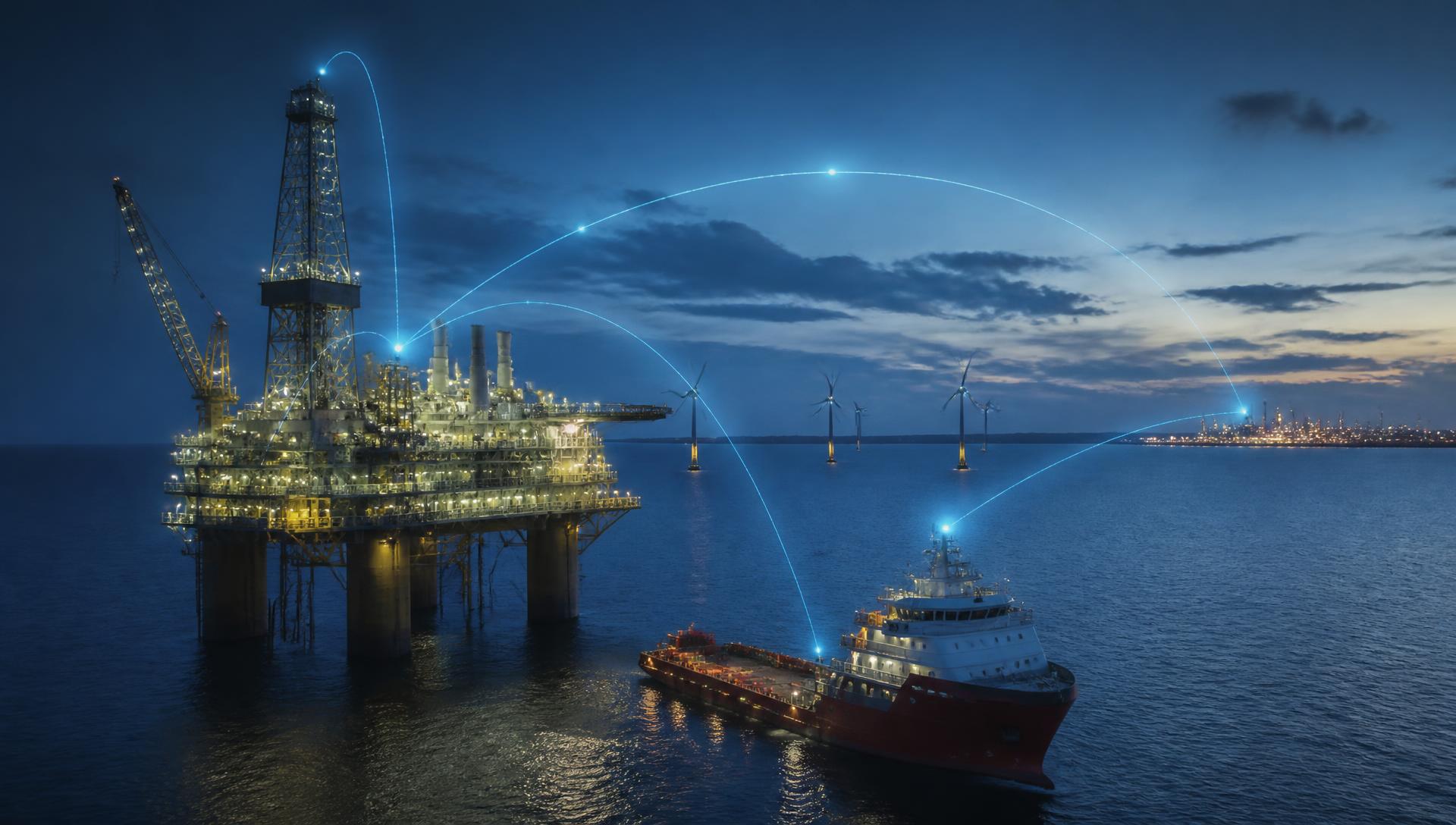 Offshore platform, supply vessel and offshore wind turbines linked by 4G/5G connectivity paths to a shore-based network
